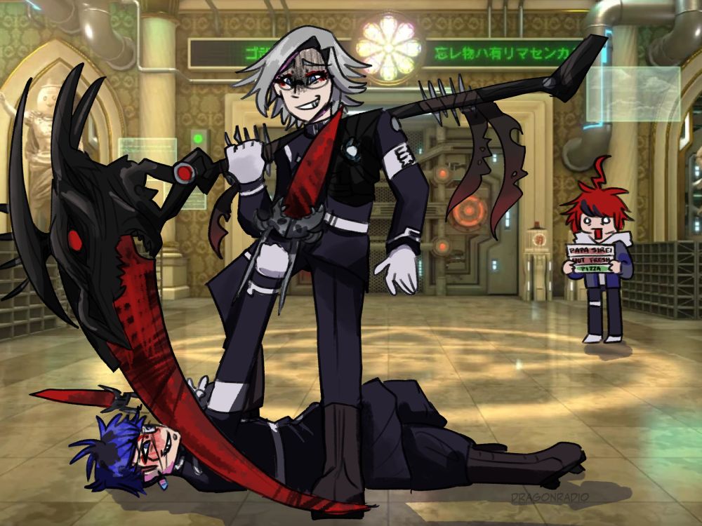 A digital drawing of Eito Aotsuki, Yugamu Omokage, and Takumi Sumino from The Hundred Line: Last Defense Academy. Eito has Yugamu pinned on the floor with a scythe to his neck, and Yugamu has his arm stretched out to hold his weapon to Eito's neck. Eito has a look of hatred and superiority on his face, and Yugamu is blushing and drooling. Takumi is in the background with a shocked expression.