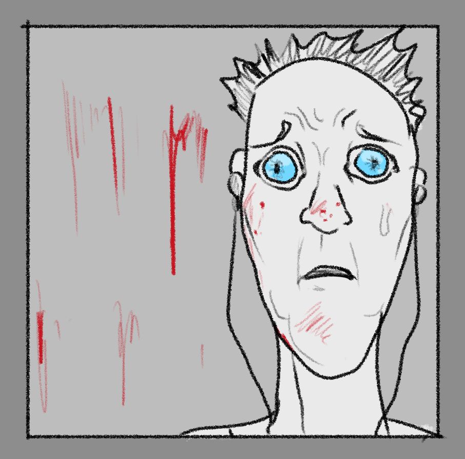 a close-up of a bystander. previously listening to his favorite jogging music, now staring at the scene in horror. he contemplates the deep inner workings of what transpired as well as the future