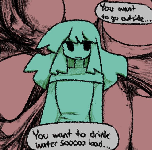satire image where a girl tries to persuade you to enforce healthy habits but the background suggests that there is a sinister tone