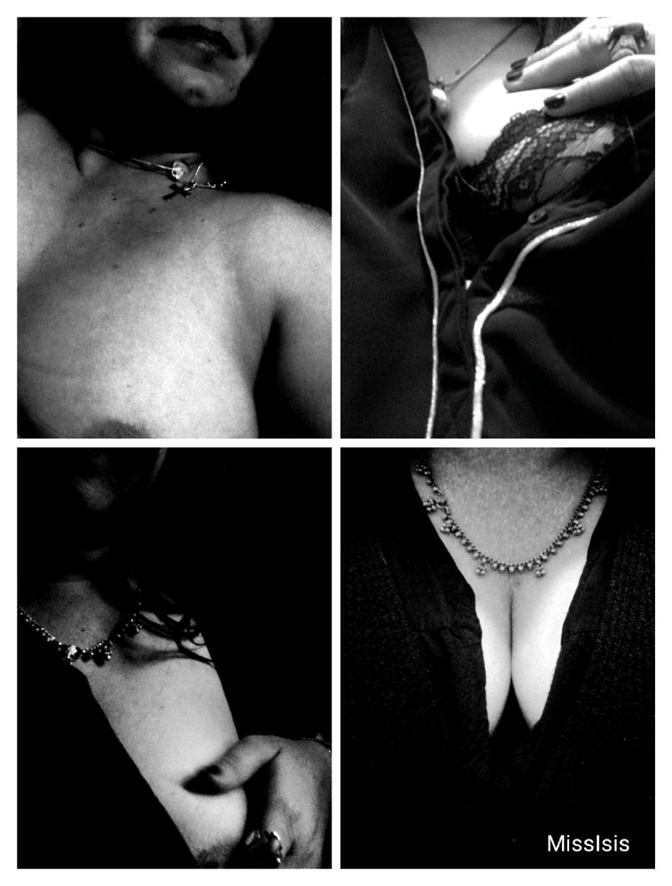 4 Photos noir et blanc, décolletés et sourire pour provoquer l'imaginaire et l'inviter aux pensées excitantes...