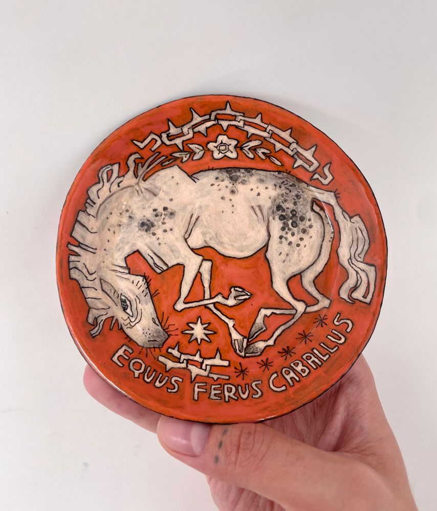 A small ceramic dish with a rusty orange-red background held in my hand. A white,  leopard appaloosa is illustrated on the surface.
Its head is down, mane and tail tossed, legs pulled together and upwards as if bucking, or mid-stride, with a firm eye planted on the viewer.. Broken chains surround it, with further framing created by flora and stars.
Text on the bottom reads “Equus ferus caballus”.