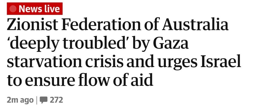 Headline saying the local Zionist lobby group is deeply concerned about all the starvation (they've caused).