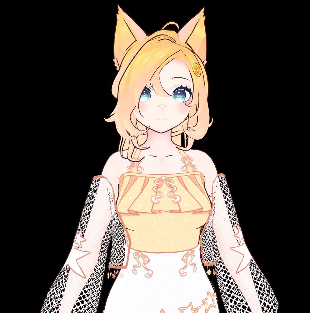 A 3D VTuber model of a soft-looking anime-style fox girl with peach skin and shoulder-length honey blonde hair. She has large, expressive blue eyes and orange wolf ears with pink shading inside. She's wearing a frilly, off-the-shoulder yellow dress with white and orange accents, detailed with stars and mesh sleeves. Her expression is calm and gentle. The background is black, making her figure pop.