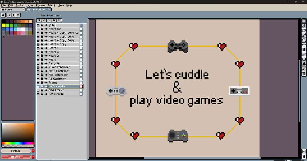 A screen shot showing all the layer files of a design that says "Let's cuddle & play video games" with controllers and hearts around the text. 
