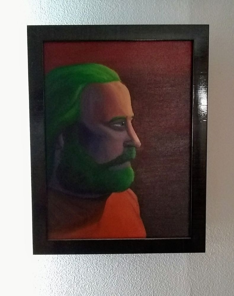 An oil painting of a man's profile with green hair, purple skin, and wearing an orange shirt. 