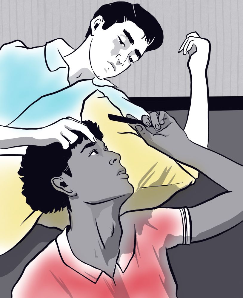 A digital image of two boys looking at one another

