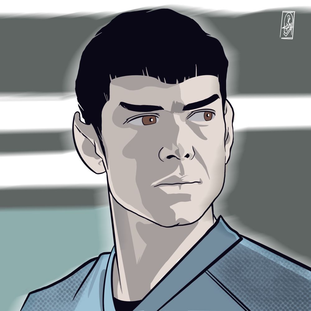 A digital portrait of Ethan Peck as Mr Spock in Strange New Worlds. 