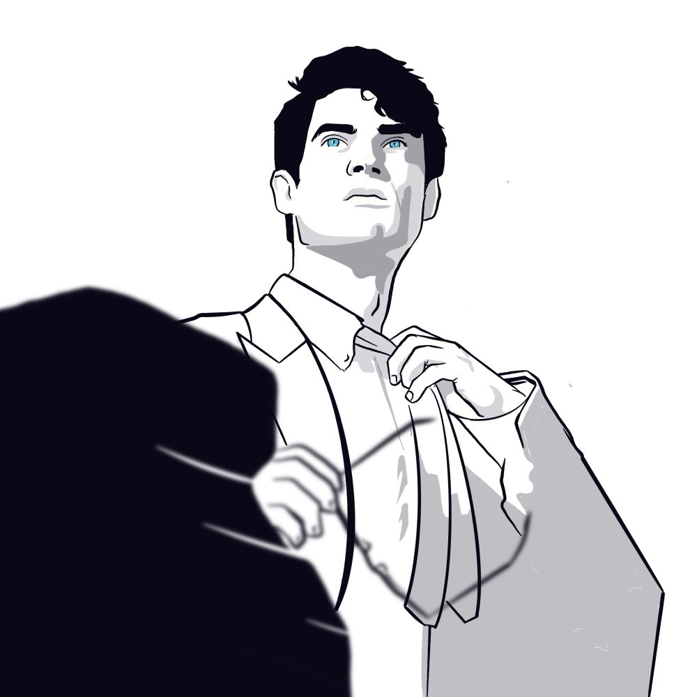 A digital drawing of Clark Kent removing his glasses 