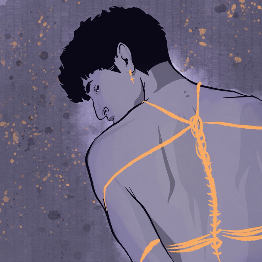A digital drawing of a young man, bound with golden rope
