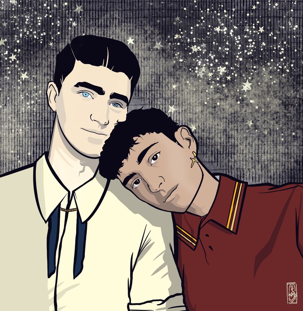 A digital portrait of George Rexstrew and Jayden Revri as Edwin Payne and Charles Rowland, the Dead Boy Detectives. Revri has his head on Rexstrew’s shoulder. 
