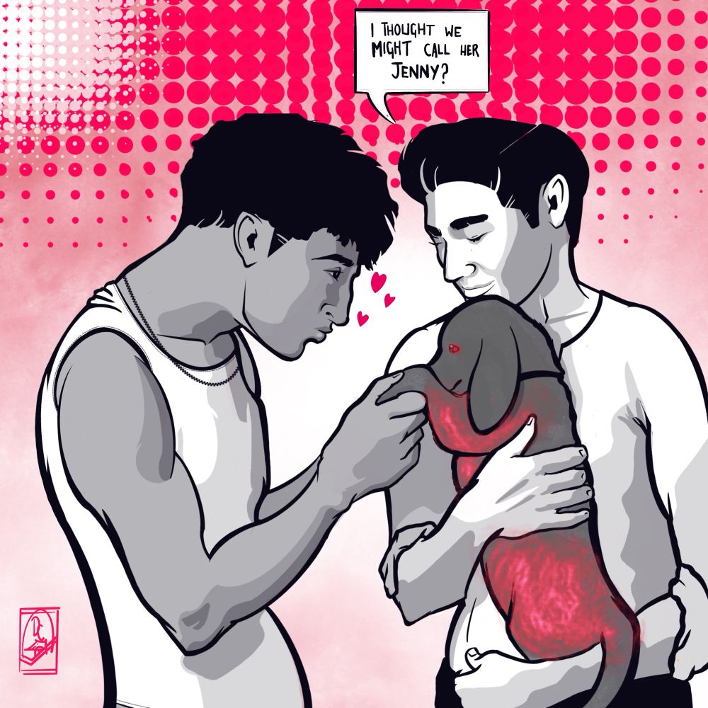 A coloured digital drawing of two teenaged boys playing with a puppy. A speech bubble shows one boy saying “I thought we might call her Jenny?”