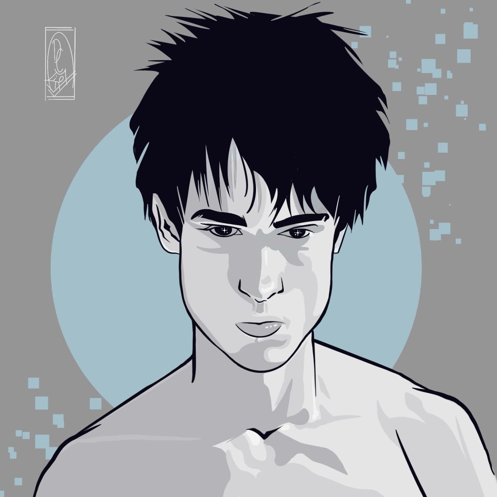 A digital portrait of a thin white man with very pale skin and disheveled dark hair. 