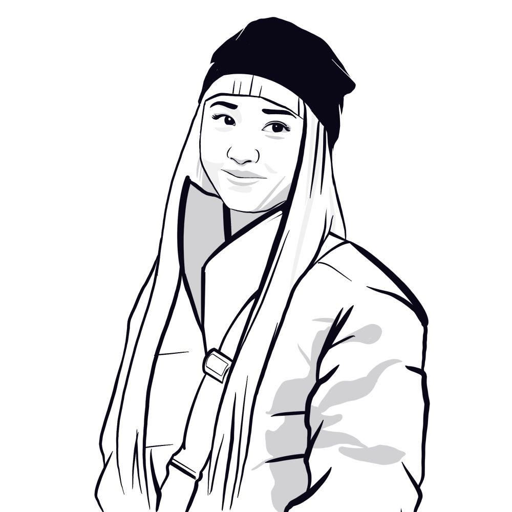 A digital sketch of a smiling young Japanese woman 