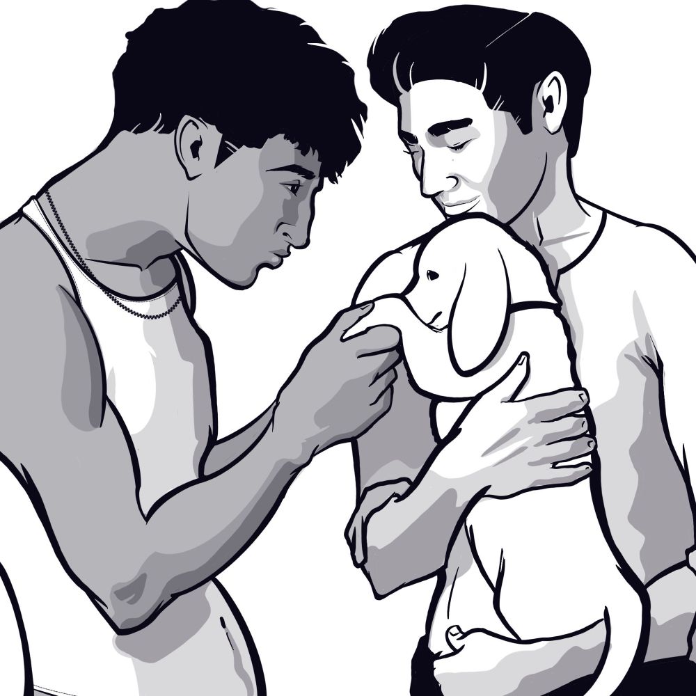 A digital drawing of two teenaged boys playing with a puppy

