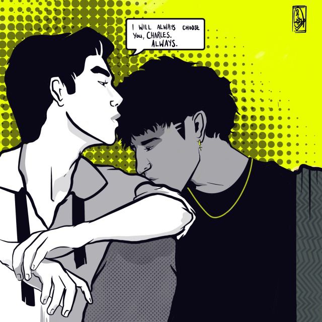 A digital image of two young men. One is kissing the other’s forehead 