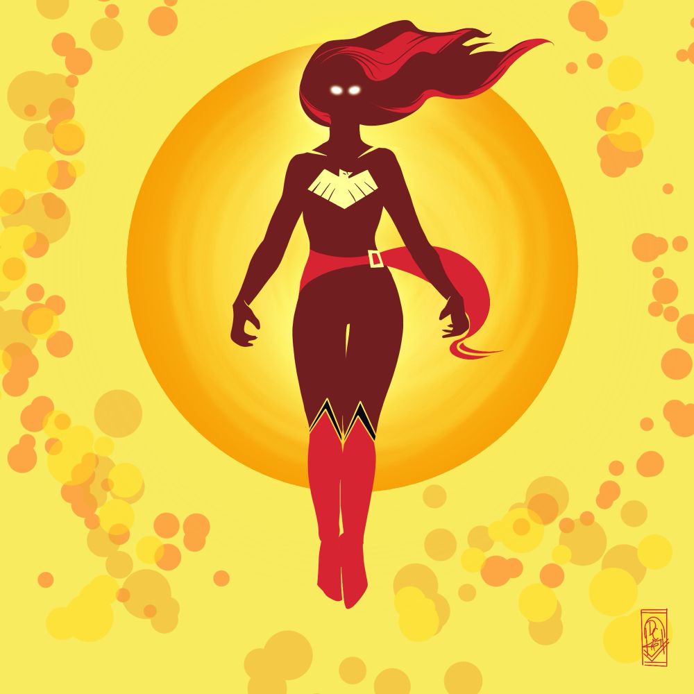 A digital drawing of a woman floating with glowing eyes. 