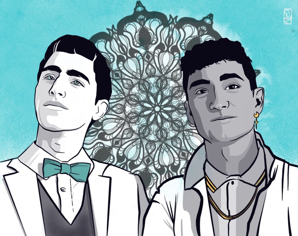 A digital image of two young men smiling with a mandala symbol behind them