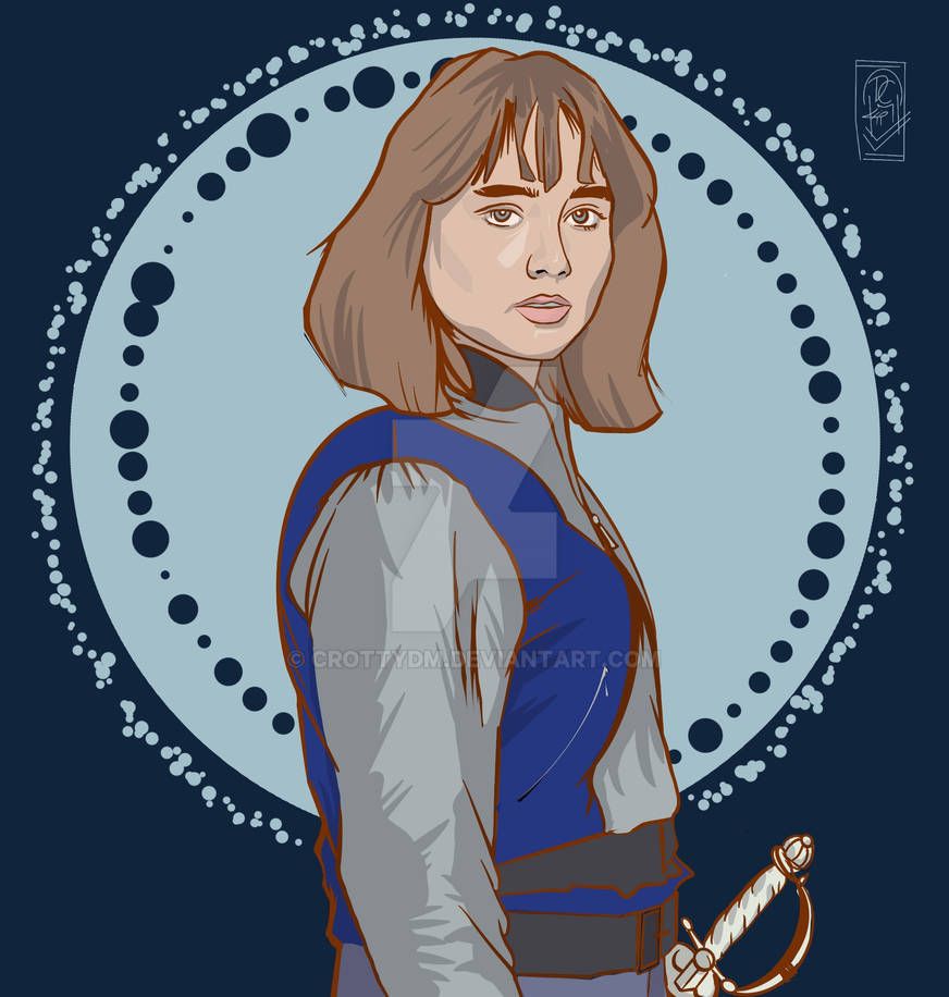A digital portrait of Ruby Stokes as Lucy Carlyle in “Lockwood & Co.” She is looking beyond the view and has a sword as her hip. 