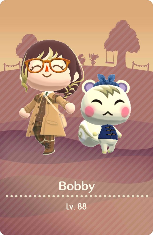 my animal crossing pocket camp camper card featuring my character (dressed in the sherlock holmes-style outfit set) and Marshal