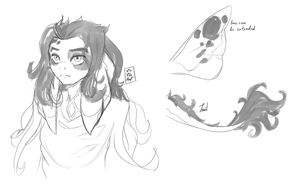 A sketch page containing drawings of Prisma the Nishikian, along with a small diagram of his ability to fully extend his otherwise floppy ear frills, as well as a diagram of a tail with fur on it.
A rhomboid shape with a pattern vaguely resembling circuit boards can be seen on Prisma's thorax, signifying the presence of magic runes.
Species and art by @purizumuart, concept is still a heavy work in progress.