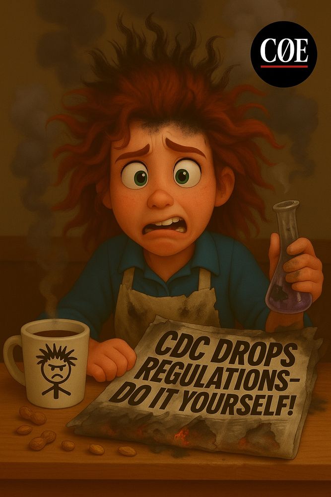 Pixar-style cartoon illustration of PeanutsChoice, a red-haired woman with wild frizzy curls singed and smoking after a failed experiment. She looks nervous and overwhelmed, wearing a dirty apron over a blue shirt, holding a cracked test tube with purple liquid. On the table is a scorched newspaper with the bold headline “CDC Drops Regulations — Do It Yourself!” and a coffee mug decorated with a stickman whose hair is also fried and spiky, looking angry. Peanuts are scattered across the desk, and smoke rises in the background
