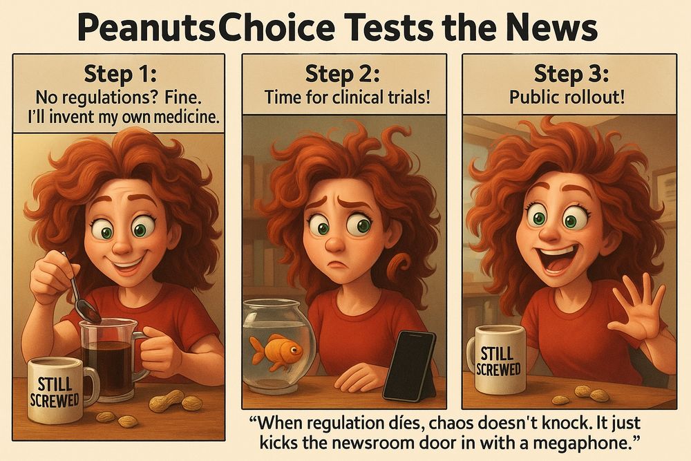 PeanutsChoice, a satirical Pixar-style character with long copper-red curls and bright green eyes, grins mischievously while holding a coffee mug with a breaking news slogan. A few peanuts are scattered on her desk, capturing her chaotic, humorous newsroom vibe.”