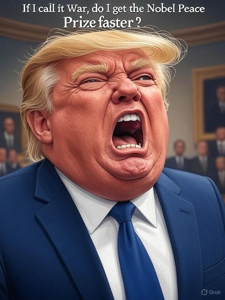 Caricature-style image of Donald Trump in a blue suit and tie, mouth wide open in a shout, with the caption above reading: “If I call it War, do I get the Nobel Peace Prize faster?”