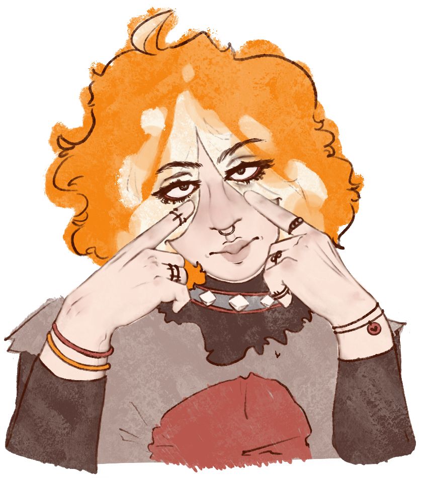orange haired oc looking at the camera with her index fingers extended and slightly pulling her eye bags down