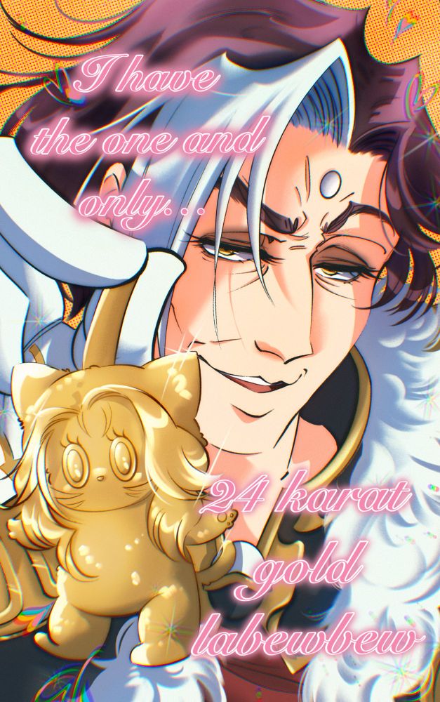 A drawing of Emet-Selch from Final Fantasy 14 showing off a 24 karat gold keychain collectible of my miqo’te Warrior of Light, Eshii. This is based on an art trend I saw on Instagram, but I couldn’t figure out how to add the relevant audio here… 😔