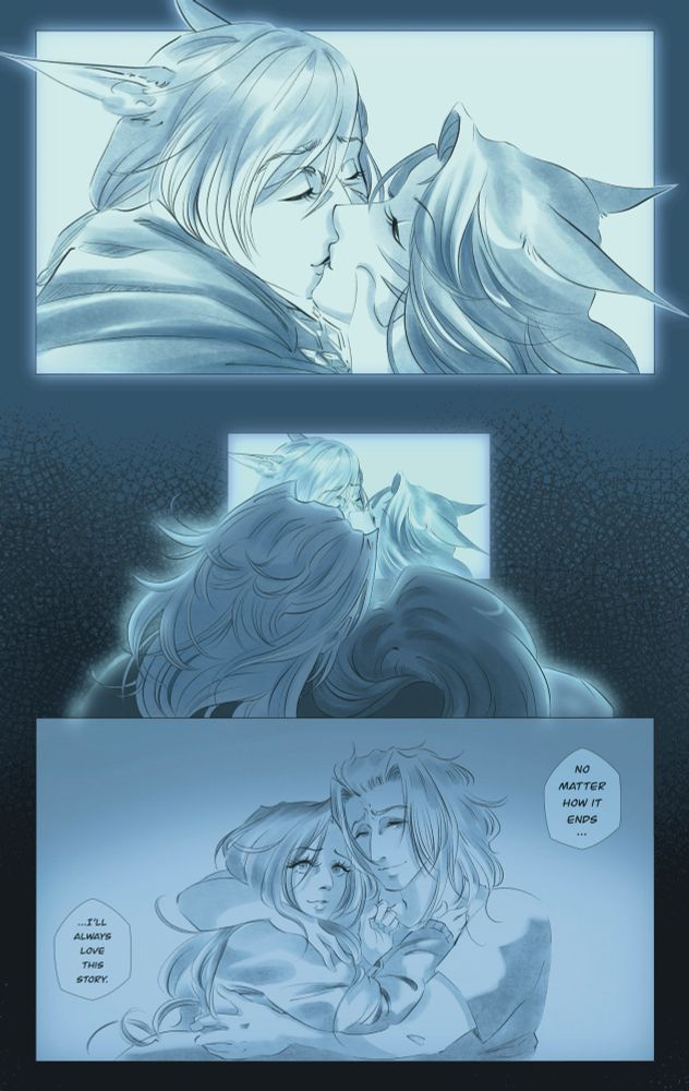 Azem and Emet-Selch, Final Fantasy XIV characters, watch a film depicting the fate of the love they share. Azem, by her love for the Warrior of Light, is happy to see her reflection experiencing all that life has to offer, including romantic love, even if it’s not with Emet-Selch, celebrating the thought that her sacrifice extended such liberties and autonomy to the Warrior of Light.