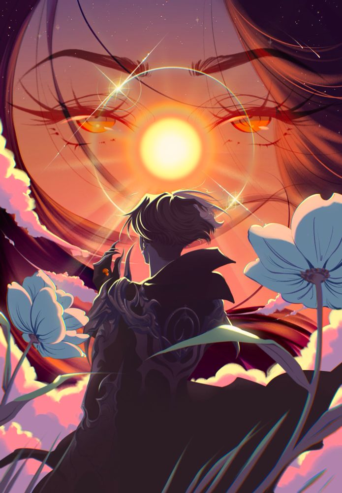 Emet-Selch from Final Fantasy 14 reflects on the Azem crystal as he lifts his head toward the sun amidst a sea of clouds and beneath a sky of stars. A halo of light resembling the symbol on the crystal he holds encircles the sun. An image of my own rendition of Azem is superimposed amidst the sun and stars, indicative of his memory of her as the "shepherd unto the sea of stars" while also serving as a nod to the symbol on her crystal. He is in his Ascian robes and has dark, cropped hair to indicate that this is taking place post-sundering. The Elpis flowers, though not glowing of their own volition in Emet-Selch's presence, catch the sunlight and still offer the promise of hope in this way.