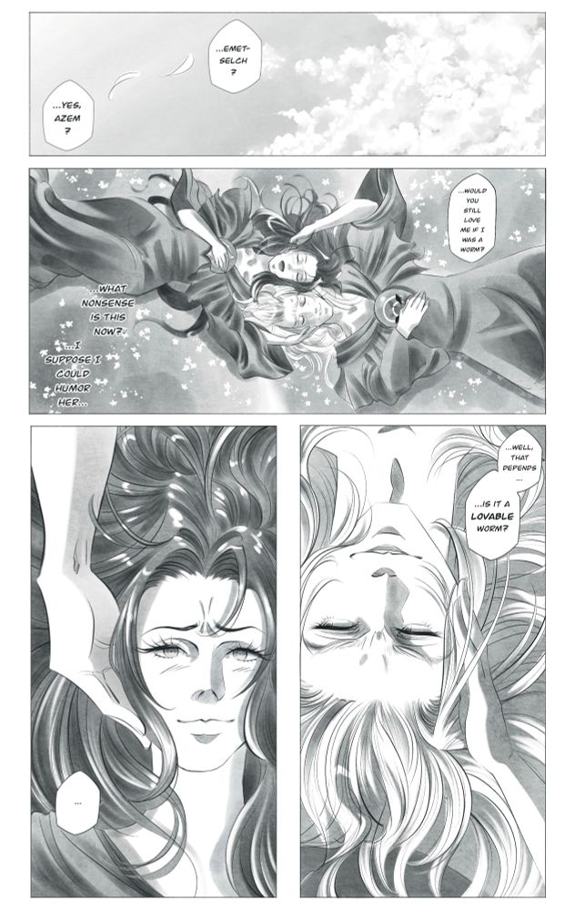 Page one of two, read from top to bottom and right to left: Azem and Emet-Selch lie in a field of flowers in the ancient world. Azem playfully asks Emet-Selch if he would still love her if she was a worm; rather than dismiss her completely, he smirks at her and asks if she’d make a lovable worm. Azem pauses, gazing up at the sky with wrinkled brows and a soft smile, seemingly in thought, before offering him a response.