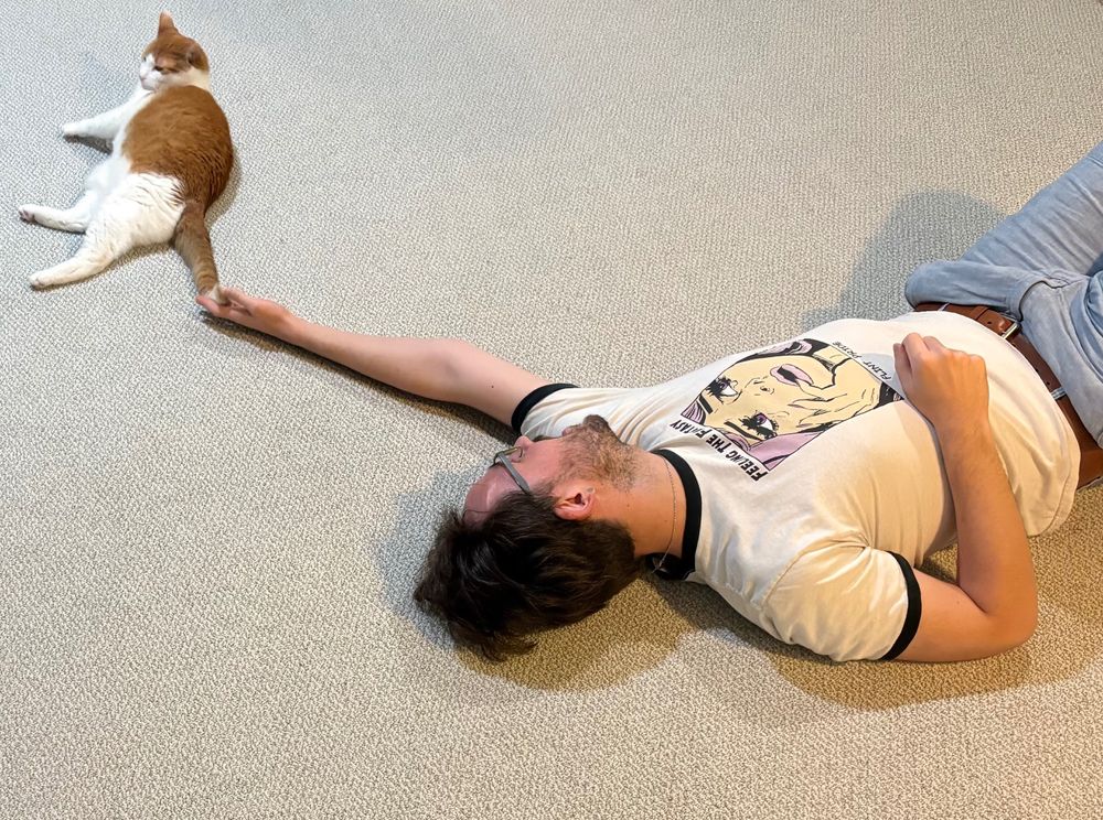 My cat and I are lying on our new carpet while I point to his tail. I’m on my back reaching outward toward him somewhat mirroring the Creation of Adam from the Sistine Chapel ceiling. 

Coconut is orange and white and fluffy. I’m a thick haired, glasses wearing bearded nerd. My shirt is white with a comic style woman looking distressed in a chic way.