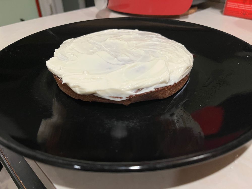 On a black plate is a small, circular single layer chocolate cake covered in cream cheese frosting. It tastes fudgy and delicious. I am still sad and also fighting a cold/flu thing but what a marvel to live in a time where I can make and eat my very own sweet treats. 