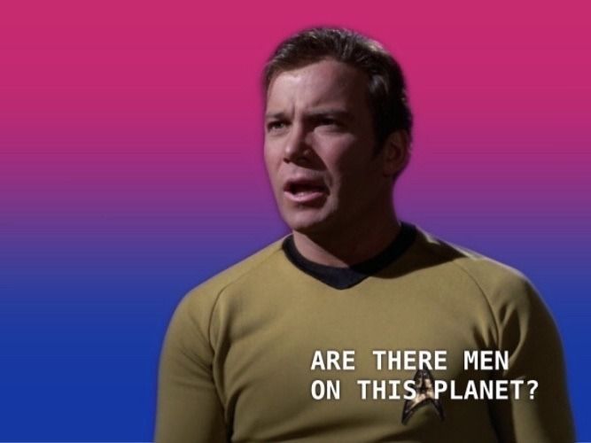 Captain Kirk (og named pike) from the star trek pilot episode. hes asking if there are men on this planet, while the sky is a gradient of the bisexual pride flag