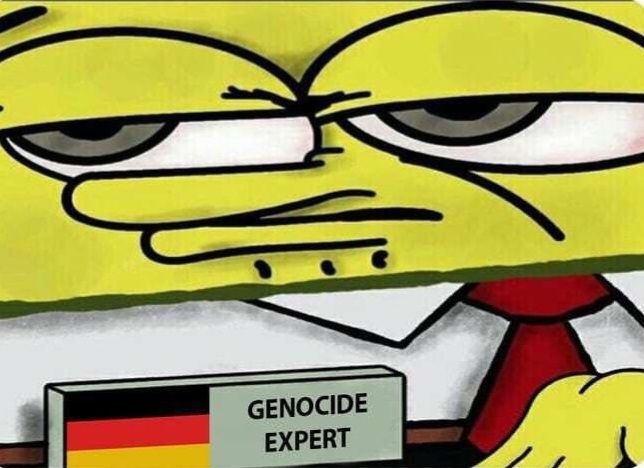 spongebomb making an emotionless expression, gesturing towards his nametag. it has a german flag and says genocide expert