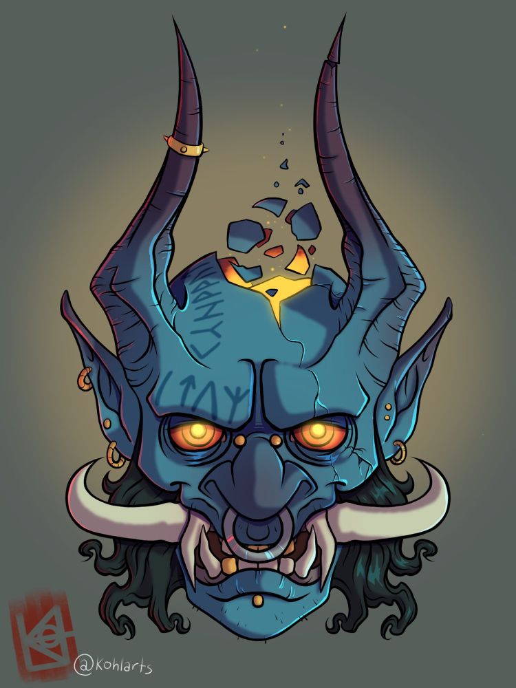 Blue Oni with fire glowing within his head.