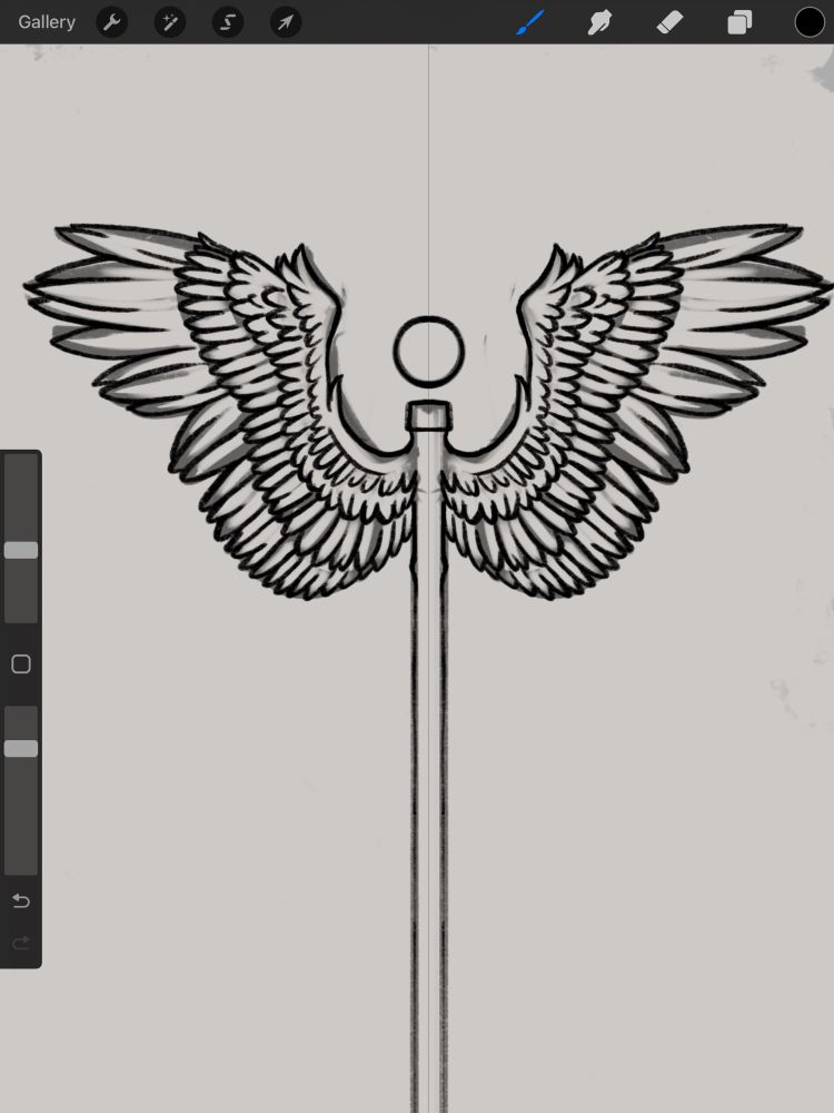 Work in progress sketch of a magical staff with wings splayed open, an orb floats atop the staff between the wings.