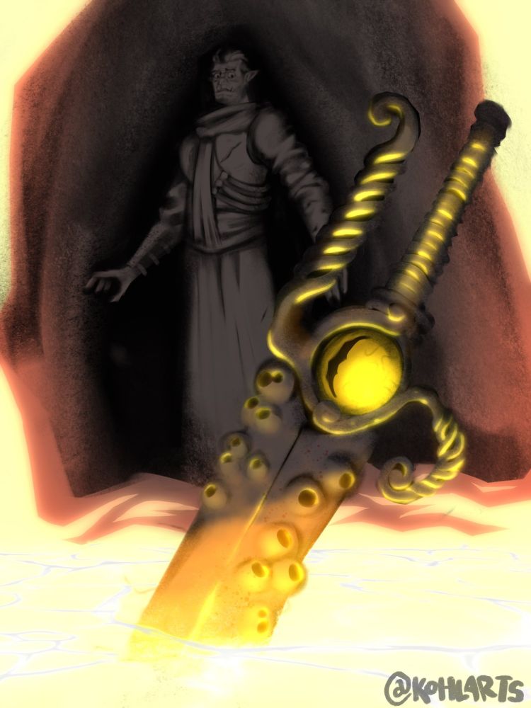Half-Orc Warlock Fjord stands over his pact weapon as it melts in lava.