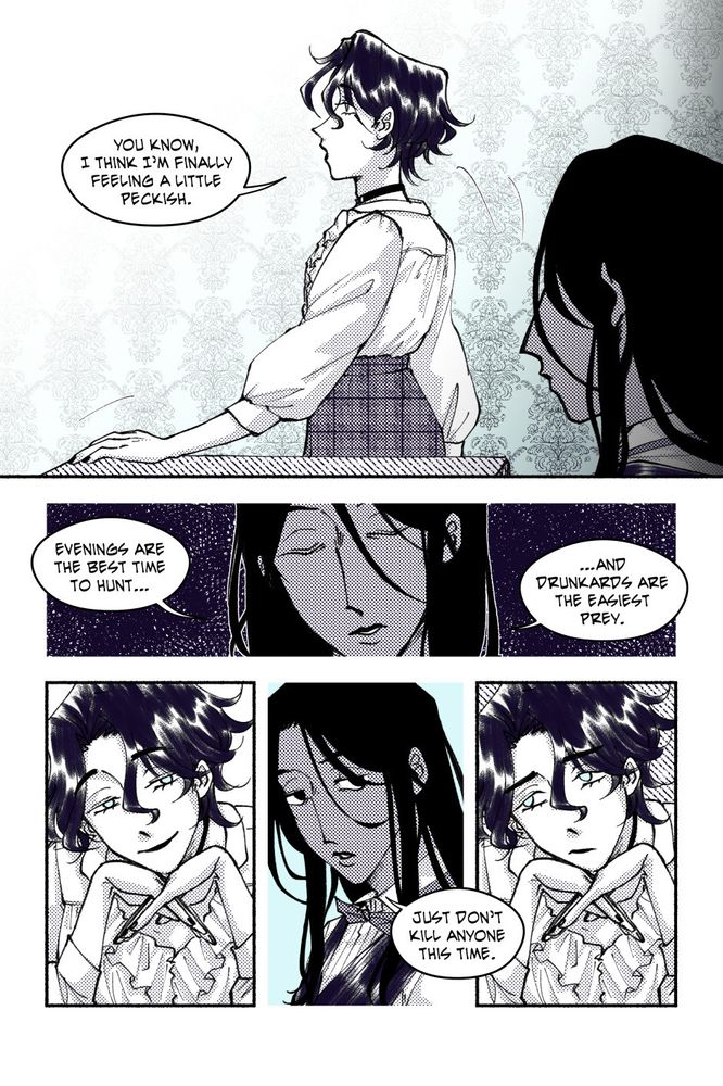 Bellamy saunters around the bar counter telling Cassius, "You know, I think I'm finally feeling a little peckish." Cassius explains matter-of-factly, "Evenings are the best time to hunt, and drunkards are the easiest prey."
As Bellamy smirks at him with her chin on her hands, he tells her, "Just don't kill anyone this time." She pouts and rolls her eyes.