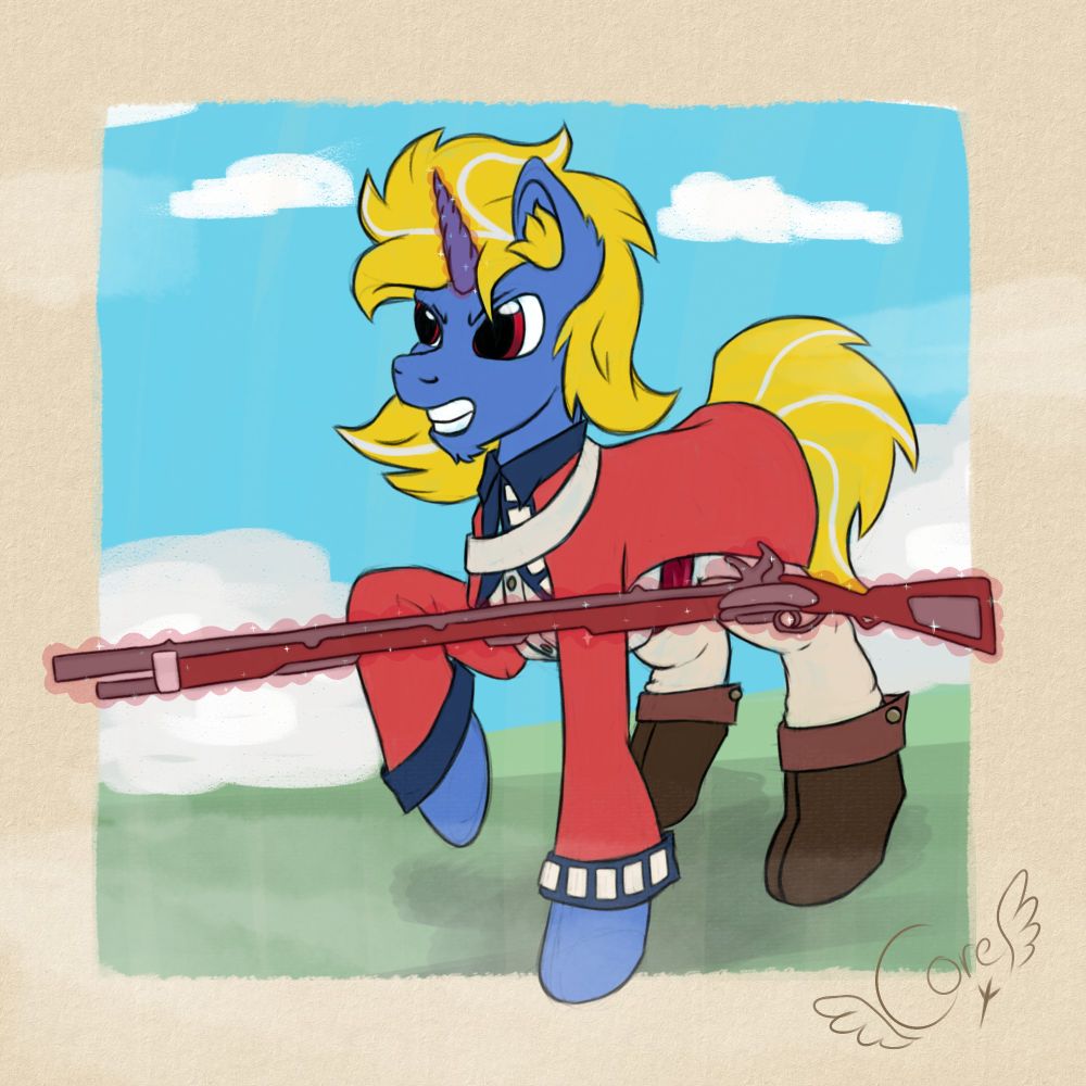 Blue unicorn with yellow hair, dressed in old timey British soldiers uniform
