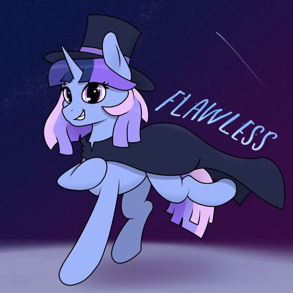 Flawless Sparklemoon, the character from tamers12345 animation, is a blue unicorn, a fusion of twilight sparkle and trixie. I have drawn her here digitally in her top hat and cape, with a starry background of the night sky.