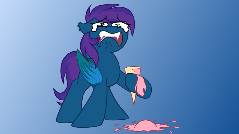 Stardust, a batpony, had his ice cream fall off the cone and is crying about it :c