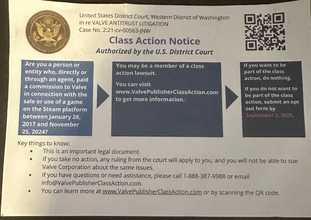 Class action Notice
Wolfire Games V Valve Corporation 