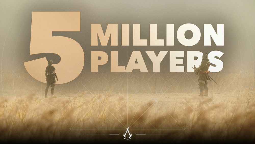 Naoe and Yasuke, from Assassin's Creed Shadows, stand across from one another in a field.

Text reads across the photo "5 Million Players"