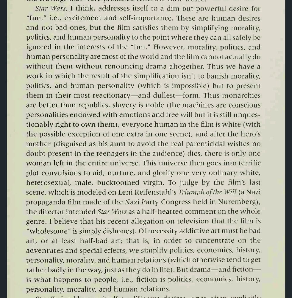 excerpt from the essay "sf and technology as mystification" by joanna russ where she calls luke skywalker a bucktoothed virgin and compares the final scene of "a new hope" to "triumph of the will"