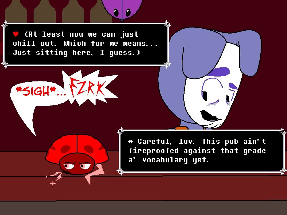 She continues her thoughts yet again with "At least now we can just chill out. Which for me means... just sitting here, I guess." As she realizes she can't do much on her own, she simply glances off to the left, sighs, and curses to herself aloud assuming no one knows she's swearing since it just sounds like electric discharge. Ramb casually glances over at her, and replies "Careful, love. This pub ain't fireproofed against that grade of vocabulary yet."