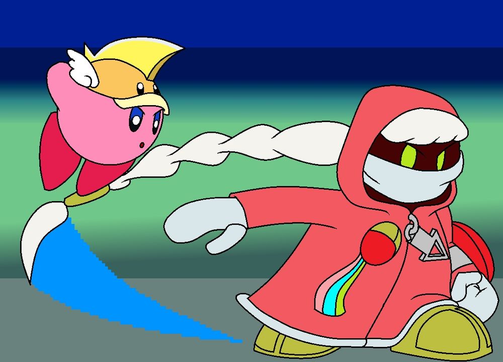 Art of Kirby fighting a witch named Cursoria. Her design is similar to Drawcia, Paintra and Vividria, though with a focus on digital art and a bodytype more akin to King Dedede. Her hair has a long ponytail that ends in a hairclip that resembles the paintbrush tool in an art program, which she uses to try and whip Kirby with a heavily pixelated paint trail. The hero jumps over the attack, poised to strike with his Cutter ability.