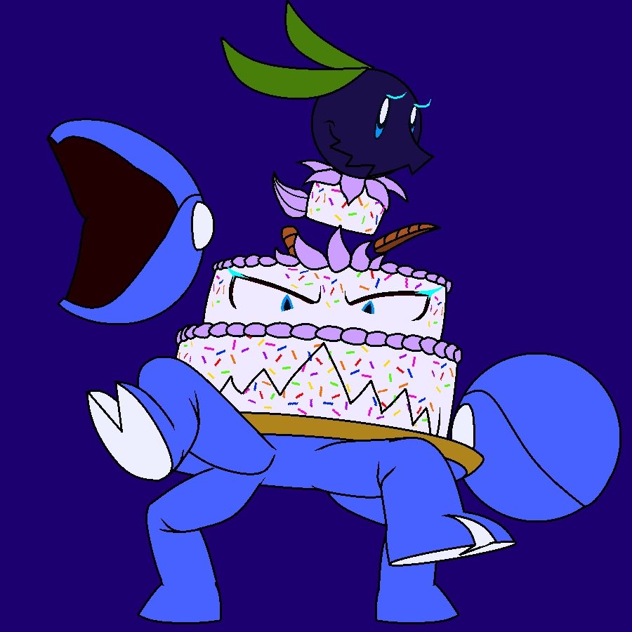 A pair of magical cake monsters. The topmost layer is a small rabbit-like monster with carrot-shaped feet and a giant blueberry for a head. She has a sawtooth-like overbite and two leaves that resemble rabbit ears. The bottom two layers are a separate, larger monster with large floating crab claws, four blue hooved legs attached to her serving platter, and a large toothy mouth. The duo's frosting is covered in brightly colored sprinkles, and they both seem ready to get into a tussle.