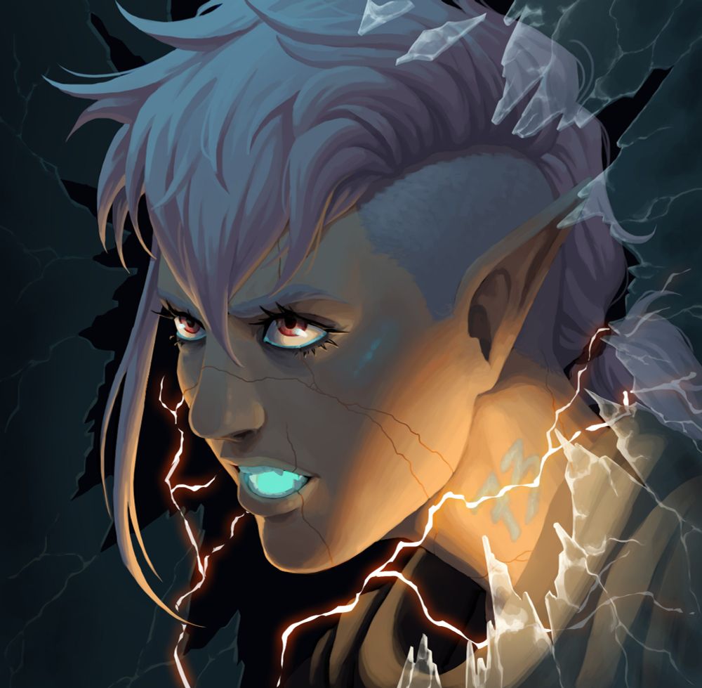 Commission done for a friend. This is a portrait of a young sorceress breaking through a glass surrounded by lightning. She looks determined and the light in he mouth shows she is full of magic. A lightning cross the number burnt on her neck rejecting the identity she was given to become a new person